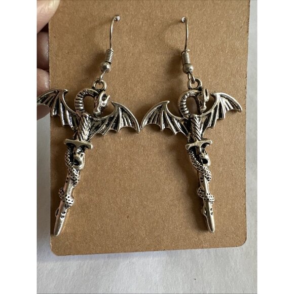 Dragon Sword Silver Tone Gothic Dangle Pierced Earrings 2.5” - Picture 10 of 12